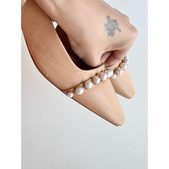 ZARA Tan Beige Leather Pearl Trim Pointed Toe Slingback Ballet Flats, Size 37 - Picture 5 of 14
